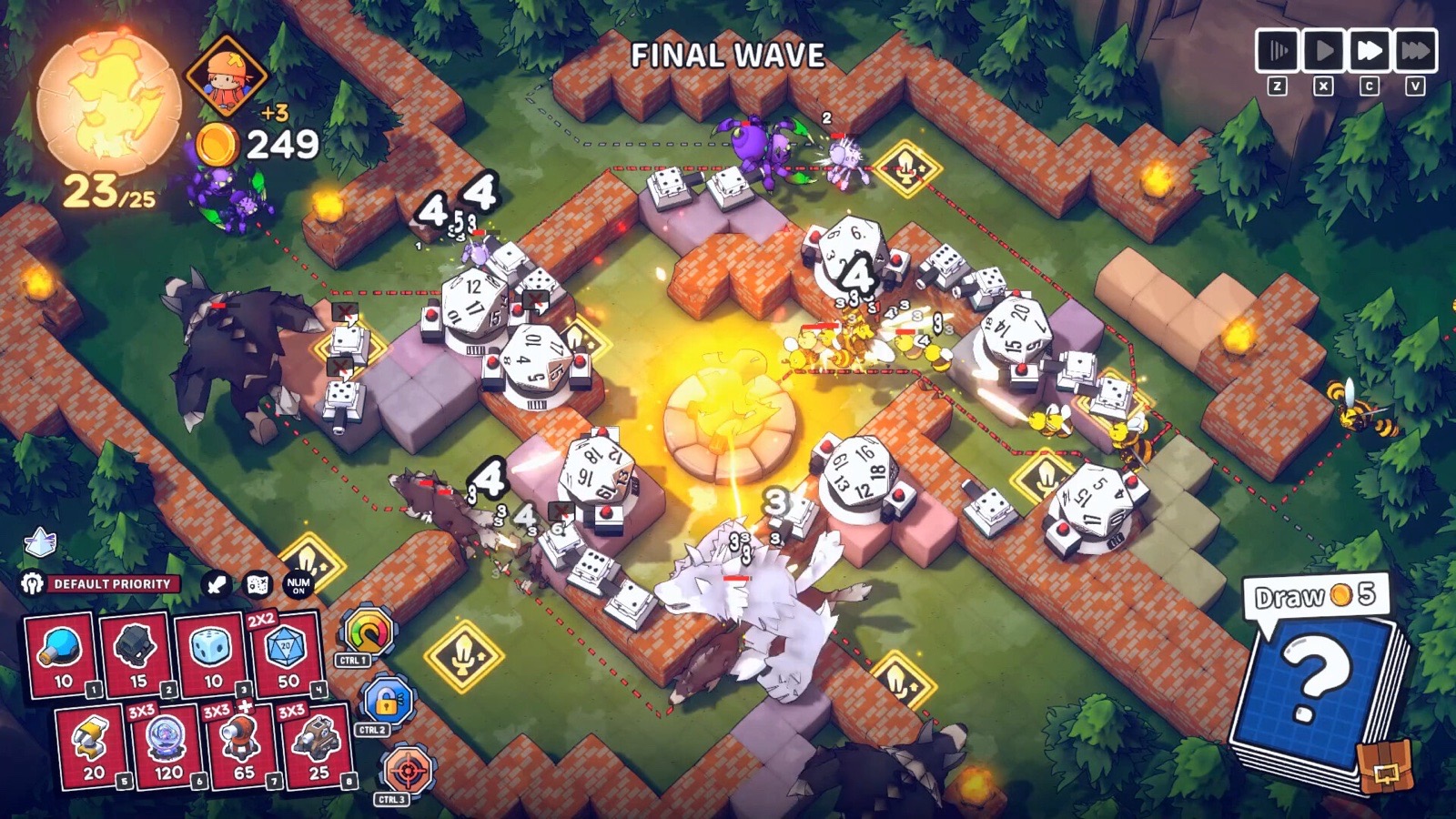 Forest battle with dice towers showing rolled numbers, wolves and bees on the maze