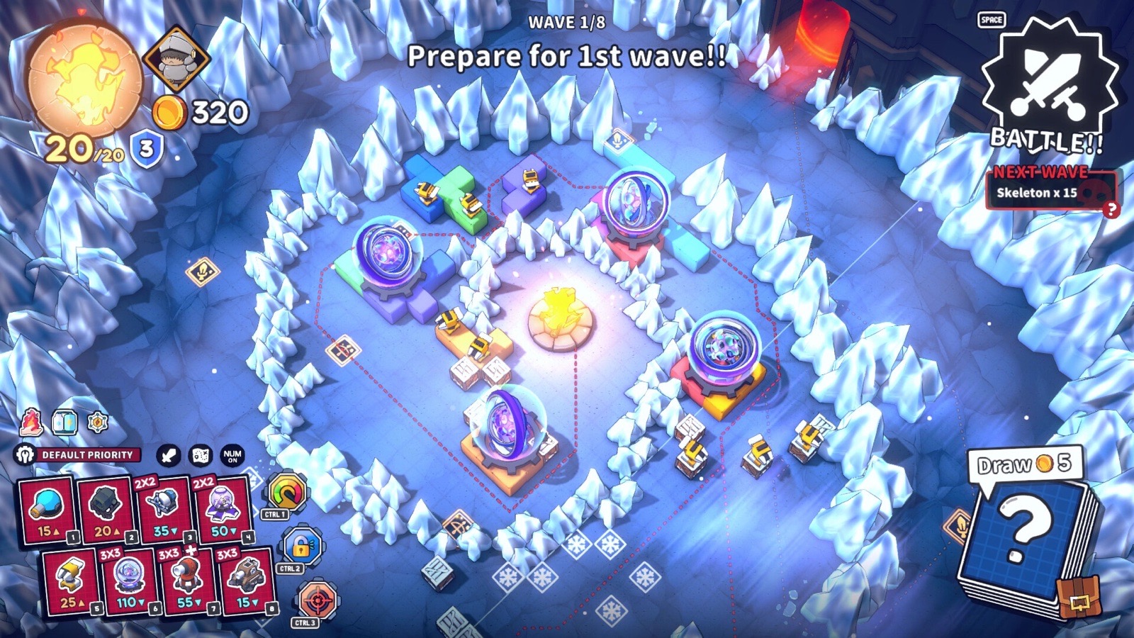 Snowfield battle with four magic towers casting wide purple and blue effects