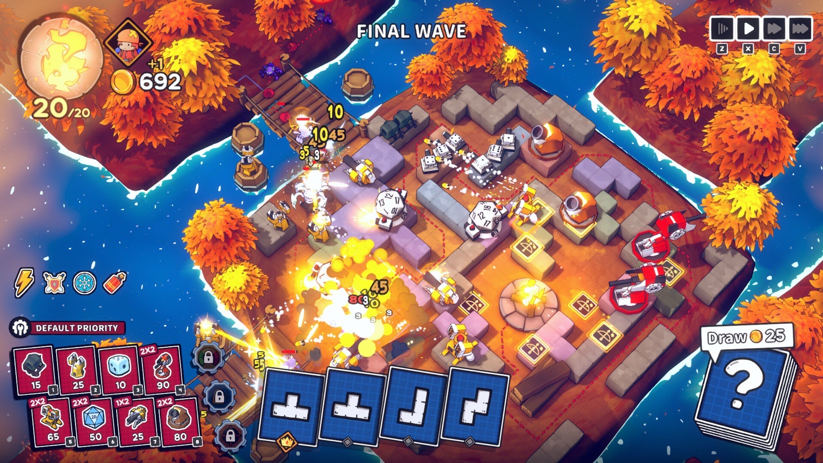 Island battlefield reached by narrow bridges, maze and fire on the island