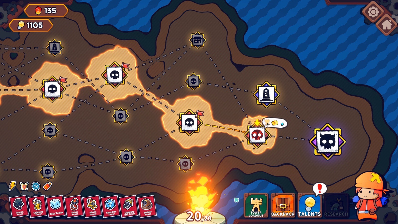 The branching run map with battle, shop and forge nodes, one highlighted